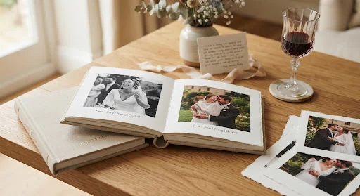Hand-bound natural linen wedding photo book resting open on an oak table beside loose archival cotton paper prints and a glass of wine, tactile luxury