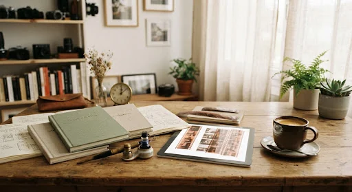 Warm interior shot of an artful consultation desk with linen journals, fountain pen, medium format film negative strips, cup of artisanal coffee, soft morning light