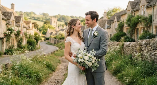 Chic elegant bride and groom portrait smiling gently in the Cotswolds countryside, subtle luxury styling