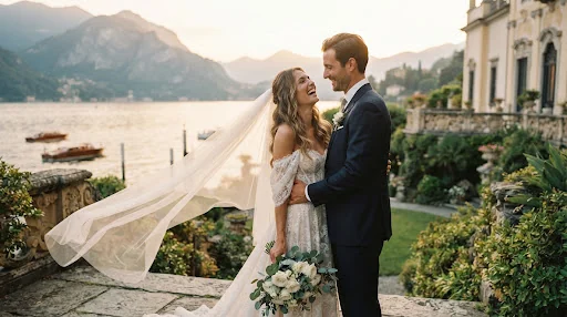 Editorial candid photograph of an elegant bride and groom at Lake Como, Villa Balbiano, natural golden hour sunlight reflecting softly on water, fine medium format grain, cinematic romance with soft wind blown veil, high luxury fashion magazine aesthetic