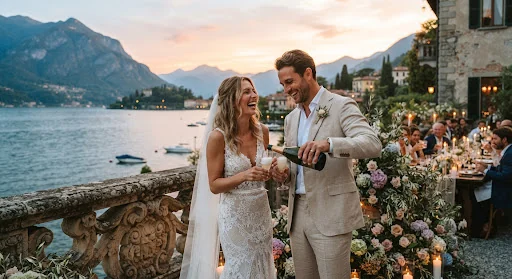 Romantic destination wedding celebration on Lake Como, Italy, Villa Balbiano stone balustrade, couple laughing during champagne pour at sunset, natural candid warmth, editorial fashion lighting