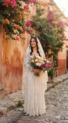Editorial portrait of bride Sophia in an intricate lace Spanish mantilla veil standing before a terracotta washed wall draped in bougainvillea in San Miguel de Allende. Warm desert late afternoon sunlight, warm ochre tones, rich earthy textures, medium format analog film look.