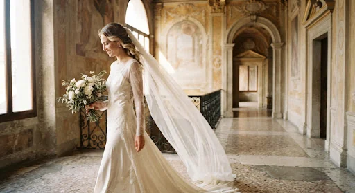 High-end fine art bridal portrait in an Italian palazzo, soft natural window light spilling over ivory silk veil, subtle motion blur, warm cinematic ochre tones, medium format film grain, documentary fashion style
