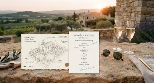Architectural sketch and wedding itinerary laid out on warm sandstone surface next to vintage sunglasses and champagne glasses at sunset in Provence