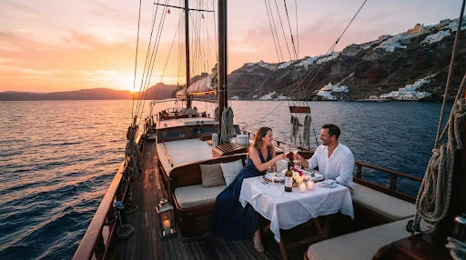 Cinematic wide-angle view of a couple on the deck of a classic wooden schooner yacht sailing through the volcanic caldera of Santorini at golden sunset. Deep Aegean cobalt water, incandescent glowing orange sun dipping below the horizon, intimate dinner table set with linen and wine, warm sunflare and film texture.