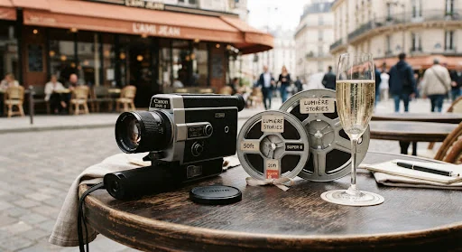 Vintage Super 8mm analog cinema camera resting beside film reels and glass of champagne on a dark wooden Parisian bistro table, editorial fashion lighting.