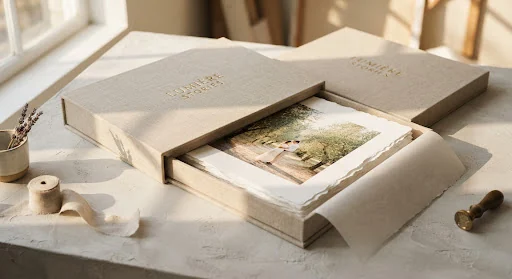 Editorial still life of museum quality cotton rag fine art prints enclosed in an embossed linen solander folio box, deckled edges paper texture, warm sunlight casting shadow.