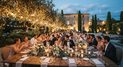 Fine-art wedding reception at Chateau de Tourreau in Provence France, long imperial wooden banquet table under canopy of olive branches and fairy lights, golden evening glow, guests dining in quiet luxury attire