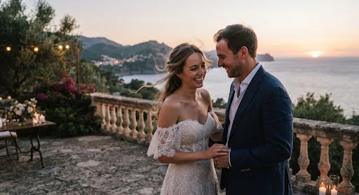 Tender unposed moment of bride and groom sharing quiet laughter on stone terrace at dusk in Mallorca, soft golden rim light, delicate hair strands blowing in breeze, understated elegance