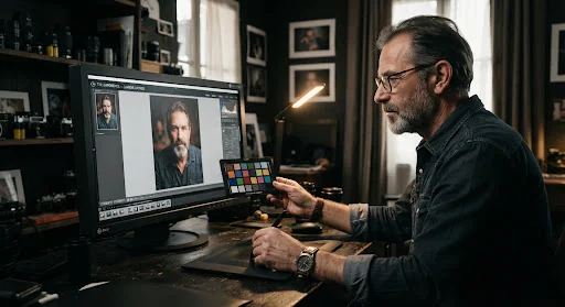 Close up of a master photographer examining color swatches and high-resolution raw imagery on a matte calibrated screen in a dimly lit studio, artisanal craft