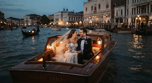 Atmospheric candid portrait of bride and groom in vintage wooden water taxi on the Grand Canal of Venice at dusk, lantern light on dark ripples, high fashion editorial black tie aesthetic, moody romantic cinematic