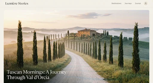 Dreamy landscape fine-art photograph of classical cypress-lined avenue leading to Tuscan villa at dawn with gentle morning mist and warm sunlight casting long soft shadows, editorial travel romance