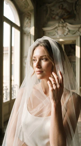 Editorial close-up portrait of a high-fashion bride draped in an ethereal sheer silk tulle veil. Milanese palazzo interior with historic plaster mouldings and morning sunlight streaming through tall French windows. Delicate hand positioned near cheek, natural glow, soft focus bokeh, artistic chiaroscuro lighting.