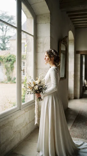Editorial portrait of bride in custom couture French silk gown standing by tall stone arched window in historic French chateau, soft natural side lighting, muted neutral tones with subtle gold warmth, fine art wedding monograph