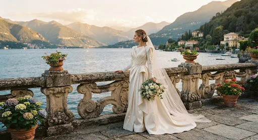 Editorial medium-format film photograph of a bride in an architectural couture silk gown standing against the weathered stone balustrade of Lake Como villa at golden hour, soft warm lighting, fine art grain, subtle contrast with deep tones and warm highlights.