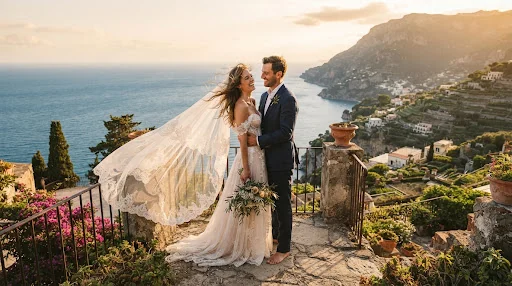 Editorial fine art wedding photo of a bride and groom during golden hour on a historic cliffside terrace in Ravello, overlooking the sapphire Mediterranean Sea. Warm golden directional light, natural wind catching the bride's cathedral-length veil, soft grain texture of Kodak Portra 400 medium format film, rich shadows and warm ochre tones.