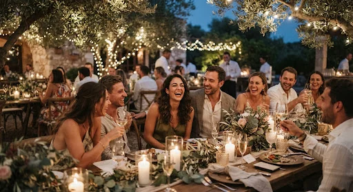 Atmospheric documentary snapshot of wedding guests laughing at a long banquet table under olive trees with hanging fairy lights and flickering candlelight, candid joy
