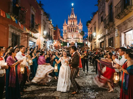 Joyful candid street celebration during a traditional Callejoneada wedding parade in San Miguel de Allende. Guests holding brass lantern lights, mariachi musicians in the background, dancing couples under twilight indigo sky, film motion blur.