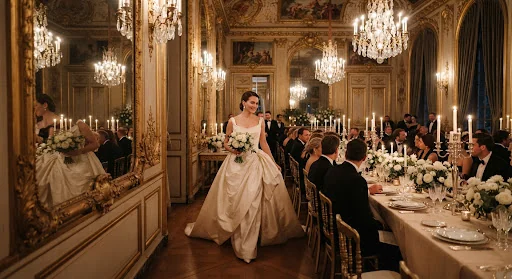 High-fashion bridal reception at Château de Villette outside Paris France. Grand 17th century baroque ballroom with glowing crystal chandeliers, long candlelit dinner table with antique silver candelabras and white garden roses. A couture bride in an architectural silk gown walking gracefully past gilded mirrors. Warm champagne and espresso shadows, shot on medium format digital.