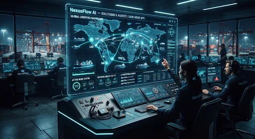 Futuristic industrial supply chain automated logistics command terminal with data streams, cargo routing node graph on digital holographic monitors, dark high-tech enterprise aesthetics in obsidian and electric cyan.