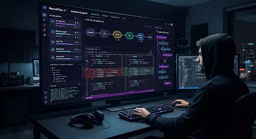 High-density software engineering development environment with glowing purple and cyan terminal diffs, dynamic code syntax trees, automated CI CD pipeline node diagrams, dark obsidian backdrop.