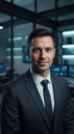 Professional headshot of a technical enterprise executive in modern office attire, sharp focal depth, sleek dark tech office background with cool cyan lighting accents.