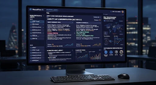 Sophisticated corporate legal intelligence interface, digital typography highlighting legal clause comparisons, cryptographic verification seals, cybersecurity aesthetic in indigo and dark navy.