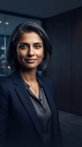 Portrait of an authoritative female financial technology executive, minimalist professional backdrop with deep navy ambient styling, high-contrast studio illumination.