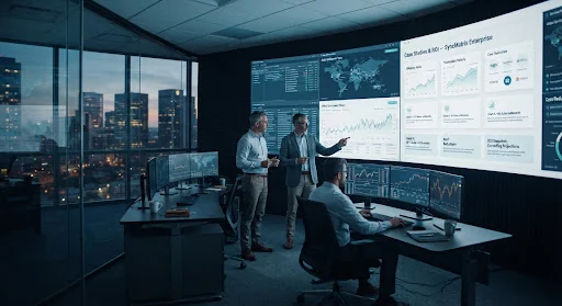 A modern glass-walled financial control room at dusk with senior quantitative engineers examining real-time global settlement streams across multi-monitor terminal walls, rendered in cool slate blue, clean clinical white, and subtle teal tones.