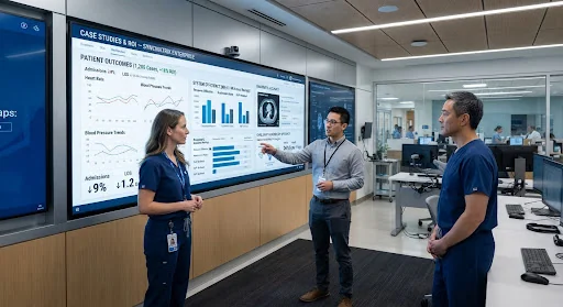 High-tech hospital clinical intelligence workspace with physicians and systems engineers reviewing interconnected telemetry graphs and diagnostic scans on wall mounted dashboard panels, lit by subtle medical cool daylight and clean silver finishes.
