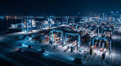 A sprawling automated intermodal container port terminal at night with cranes and autonomous electric freight transport units operating under precision lighting, crisp architectural industrial photography with deep navy and cold cyan accents.