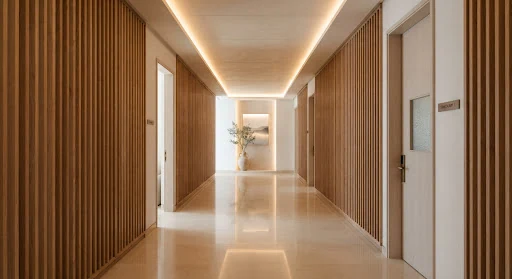 Architectural hallway of an ultra exclusive clinic with polished limestone floors, hand-carved cedar wooden louvers, warm indirect recessed ceiling illumination, extreme symmetry, peaceful atmosphere