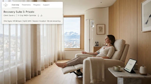 High-end private recovery suite in Zurich wellness sanctuary with sleek intravenous therapy setup, warm timber details, soft linen recliners, peaceful minimalist interior with mountain light filtering through sheer curtains