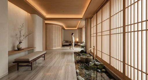 Architectural photograph of a Kyoto inspired luxury longevity sanctuary with minimalist Hinoki cedar slatted screens, polished Vals quartzite stone floor, delicate indoor water feature, soft warm ambient lighting