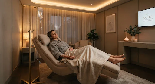 Subtle warm lighting in a zero-gravity medical wellness lounge suite with elegant glass IV infusion stand and silk cashmere throw