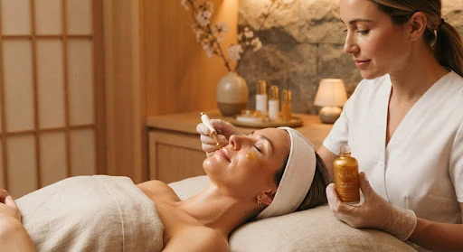 Close-up serene aesthetic clinical facial procedure in a warm minimalist clinic with subtle amber medical light, gold skincare serums, high-end Kyoto luxury spa aesthetic with soft shadows and calm atmosphere