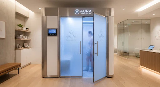 High luxury walk-in electric cryotherapy chamber with frosted glass doors and gentle blue interior illumination in a private clinic