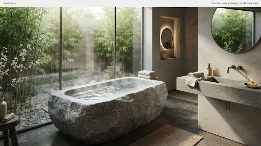 Monolithic stone bathtub made of grey textured granite filled with crystal clear steaming water, minimalist stone vanity, bamboo garden backdrop through floor to ceiling glass, soft natural sunlight