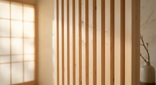 Close-up detail of Japanese untreated hinoki cedar wood slats, minimal acoustic wall paneling, soft afternoon sunlight filtering through shoji screen, luxury wellness clinic texture, peaceful neutral tones
