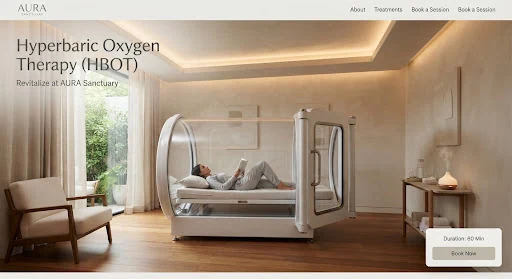 State of the art transparent hyperbaric oxygen therapy chamber in a quiet sanctuary with warm teakwood flooring and soft indirect architectural cove lighting