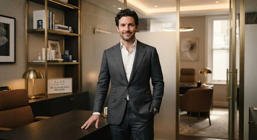 Portrait of a sophisticated British aesthetic physician in his early 40s in a tailored dark grey suit without tie, subtle smile, standing in a serene Mayfair private clinical office surrounded by brushed brass architectural fittings, frosted glass and warm ambient light, high-end editorial photography