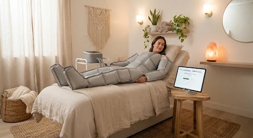 Advanced medical pressotherapy compression treatment suit in a private, serene wellness suite with soft lighting and natural linen accents