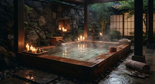Tranquil Japanese onsen inspired hydrothermal bath with dark Hinoki cedar, steaming pure mineral water, textured stone walls and warm soft candlelight reflecting in the ripples