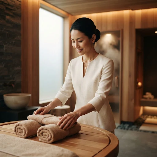 Portrait of an elegant Eastern bodywork and hydrothermal specialist woman in her late 30s with serene focused expression, hair styled in a minimalist chignon, wearing an ivory linen therapist vestment, inside an architectural minimalist hydrothermal sanctuary with warm steamy cedarwood and dark river stones, soft moody lighting