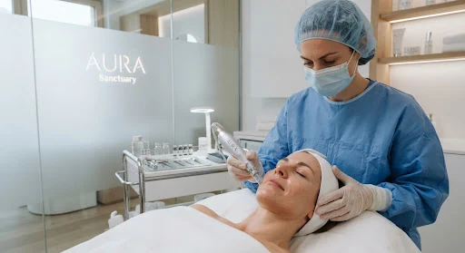 Close up shot of aesthetic medical treatment at a luxury Swiss dermatology clinic, frosted glass, sterile clinical elegance, soft natural light, minimalist laboratory style