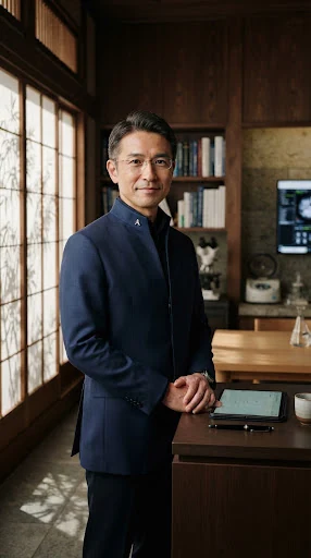 Portrait of an esteemed Japanese male physician scientist in his mid-40s with rimless spectacles, wearing a bespoke midnight blue medical tunic, standing in a Kyoto minimalist stone and cedar laboratory consultation room, soft daylight, Japanese bamboo shadows, quiet authority, editorial medical portraiture
