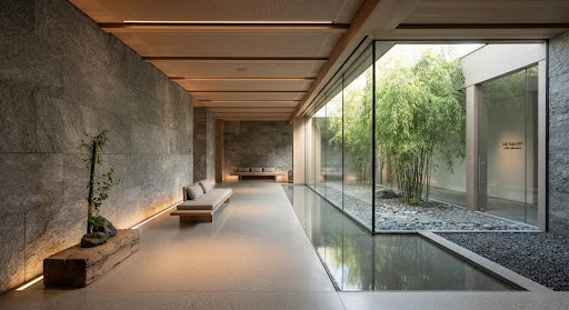 Interior of a luxury Swiss Japanese architectural sanctuary with textured grey Vals quartzite walls, shallow reflection water pool, weeping bamboo courtyard, soft ambient warm floor uplighting, ultra minimal aesthetic, quiet atmosphere, natural materials, warm cedar wood details, high-end photography, 8k resolution