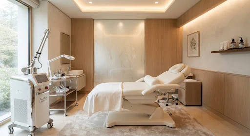 High-end Swiss clinical dermatology suite with warm organic materials, minimal architectural lines, luxury ivory leather ergonomic treatment bed, sleek chrome medical laser equipment, frosted glass screen, warm lighting, immaculate cleanliness
