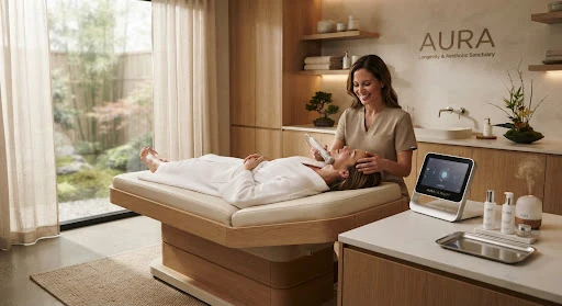 Sophisticated non-invasive ultrasound aesthetic treatment room with modern medical equipment, sleek quartzite counters, understated Japanese minimalist woodwork, soft warm focus