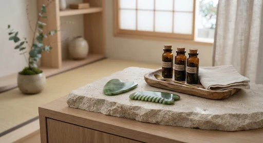 Artisanal jade gua sha stones resting on natural limestone slab next to matcha green tea botanical infusion vials in a Japanese minimalist sanctuary